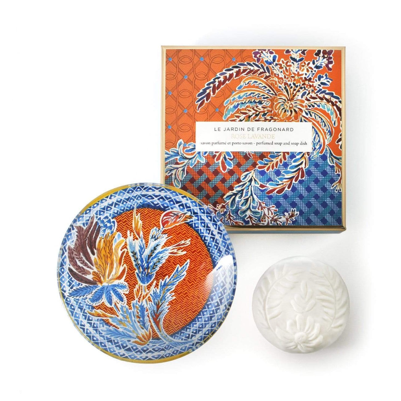 Fragonard boxed gift set with glass dish and soap, Rose lavande (lavender).