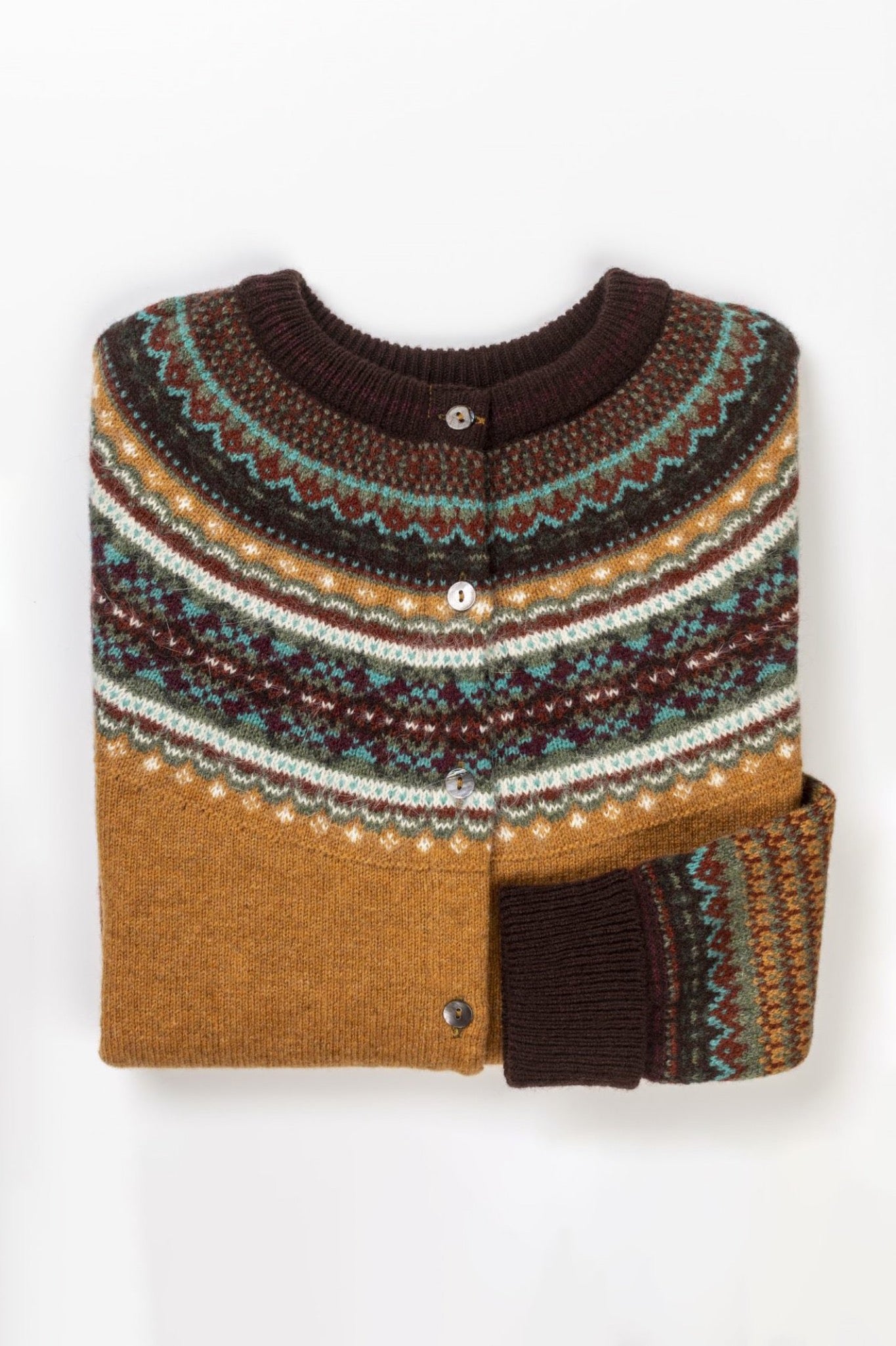 Eribe Alpine fair isle pure wool cardigan made in Scotland, mustard deep yellow gold with highlights in rust, chocolate, ecru and aqua.