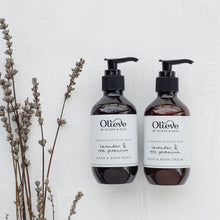 Load image into Gallery viewer, Olieve and Olie lavender and rose geranium hand and body wash and hand and body cream twin boxed gift set, all natural and organic ingredients.