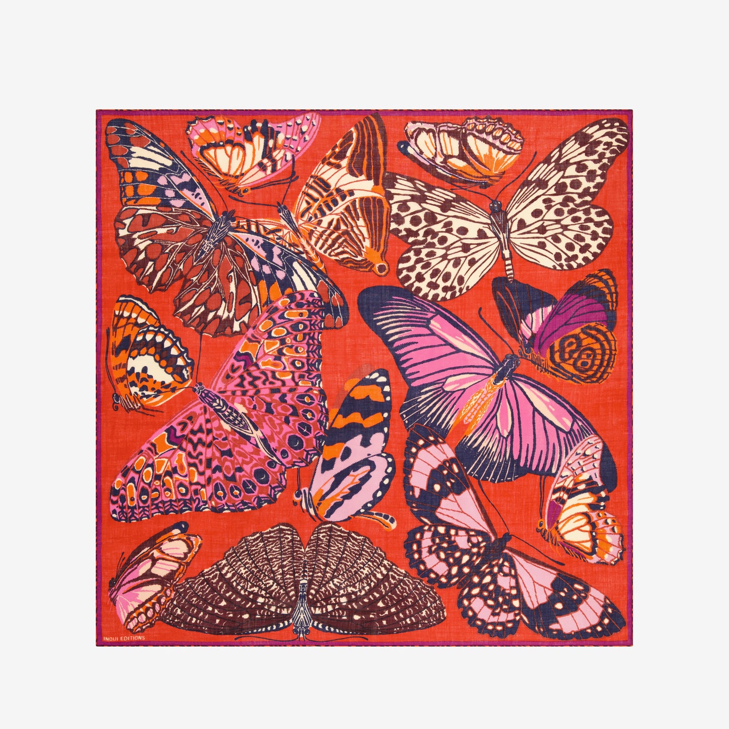 Inoui editions red papillon butterfly square scarf carre in pure wool