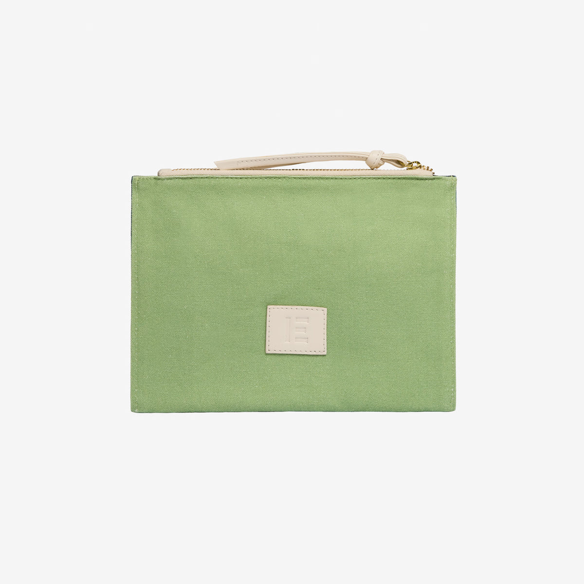 Inoui Editions Paris Septieme pouch  reverse - sage green with a cream-colored leather zipper pull and a matching cream leather logo patch on the front, set against a plain white background.