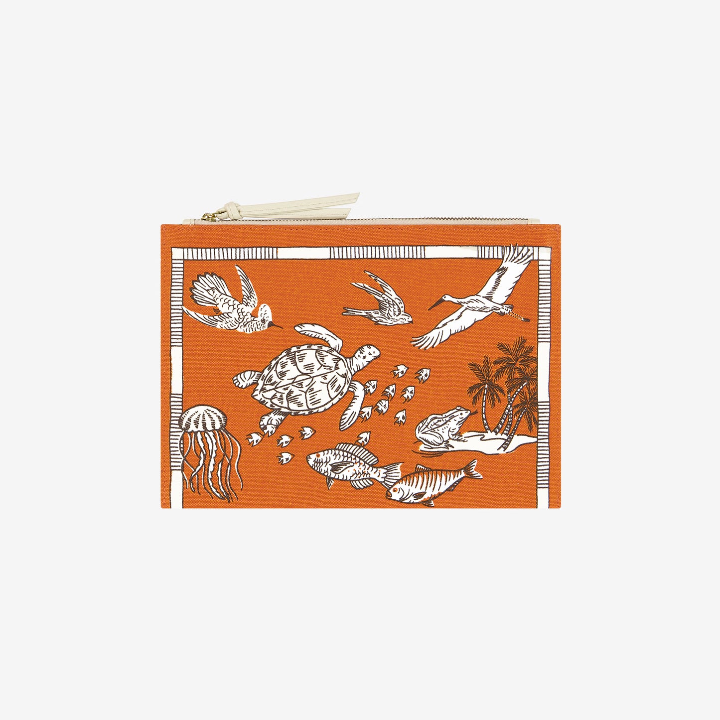 Inoui Editions cotton canvas Atlast pouch with ocean-themed design on an orange background.