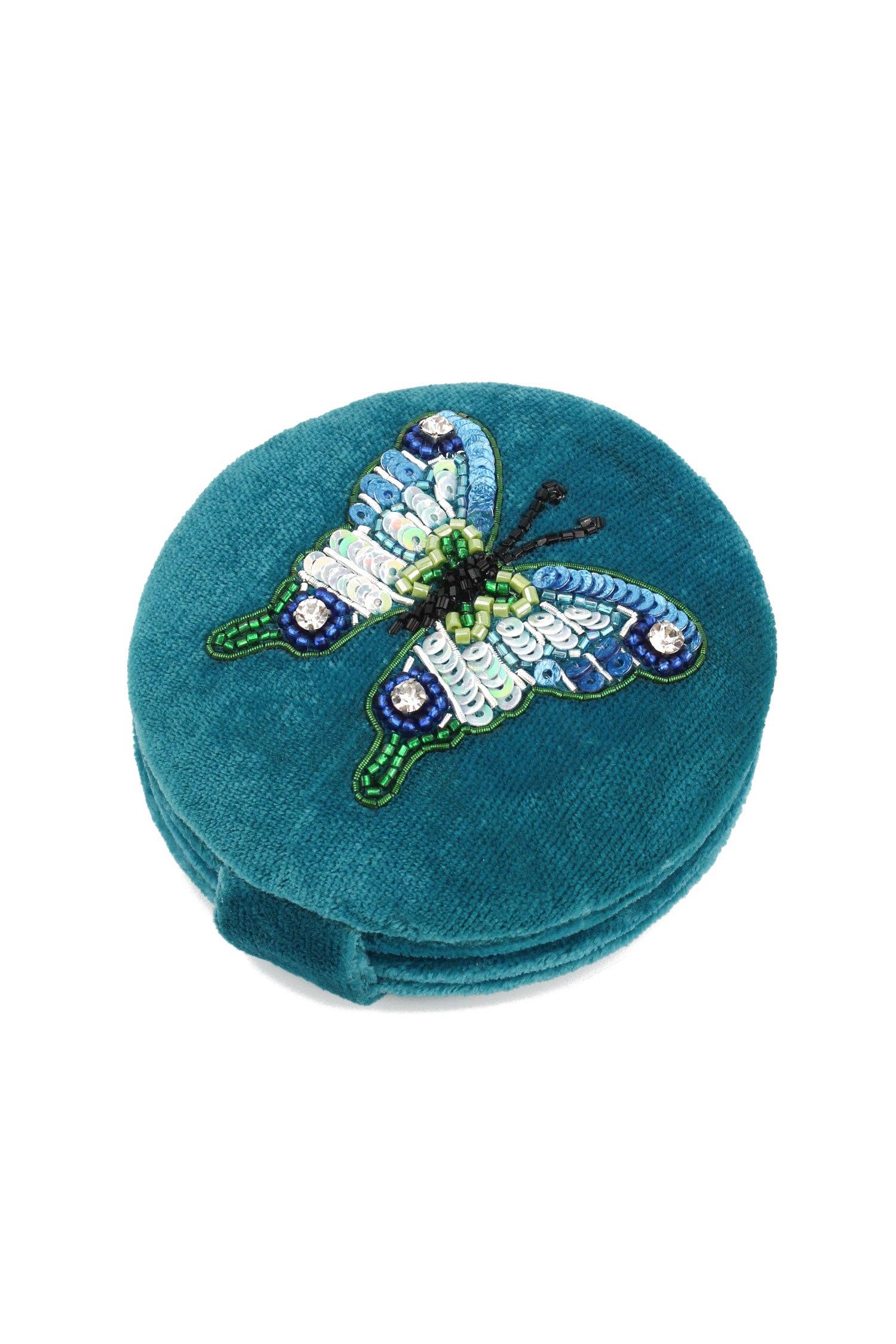 My Doris blue butterfly velvet beaded compact mirror.