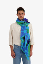 Load image into Gallery viewer, Inoui Editions Mangrovecolourful tropical scene on cotton scarf in blue and emerald.