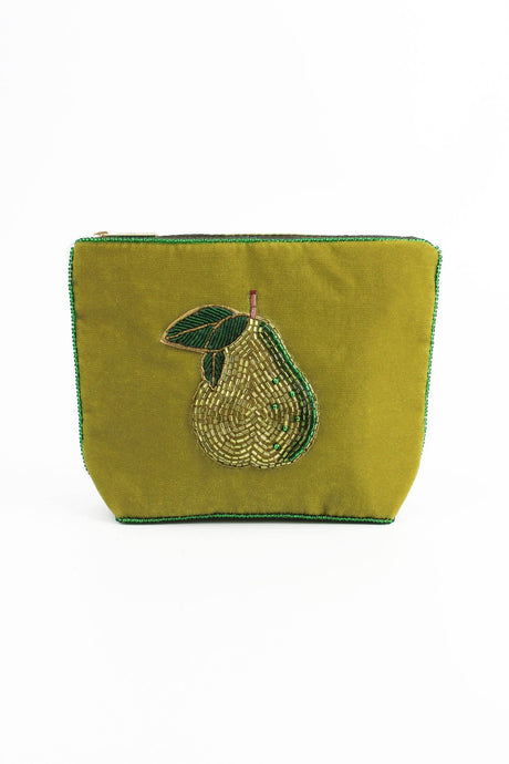 My Doris handbeaded green pear on velvet zippered pouch.