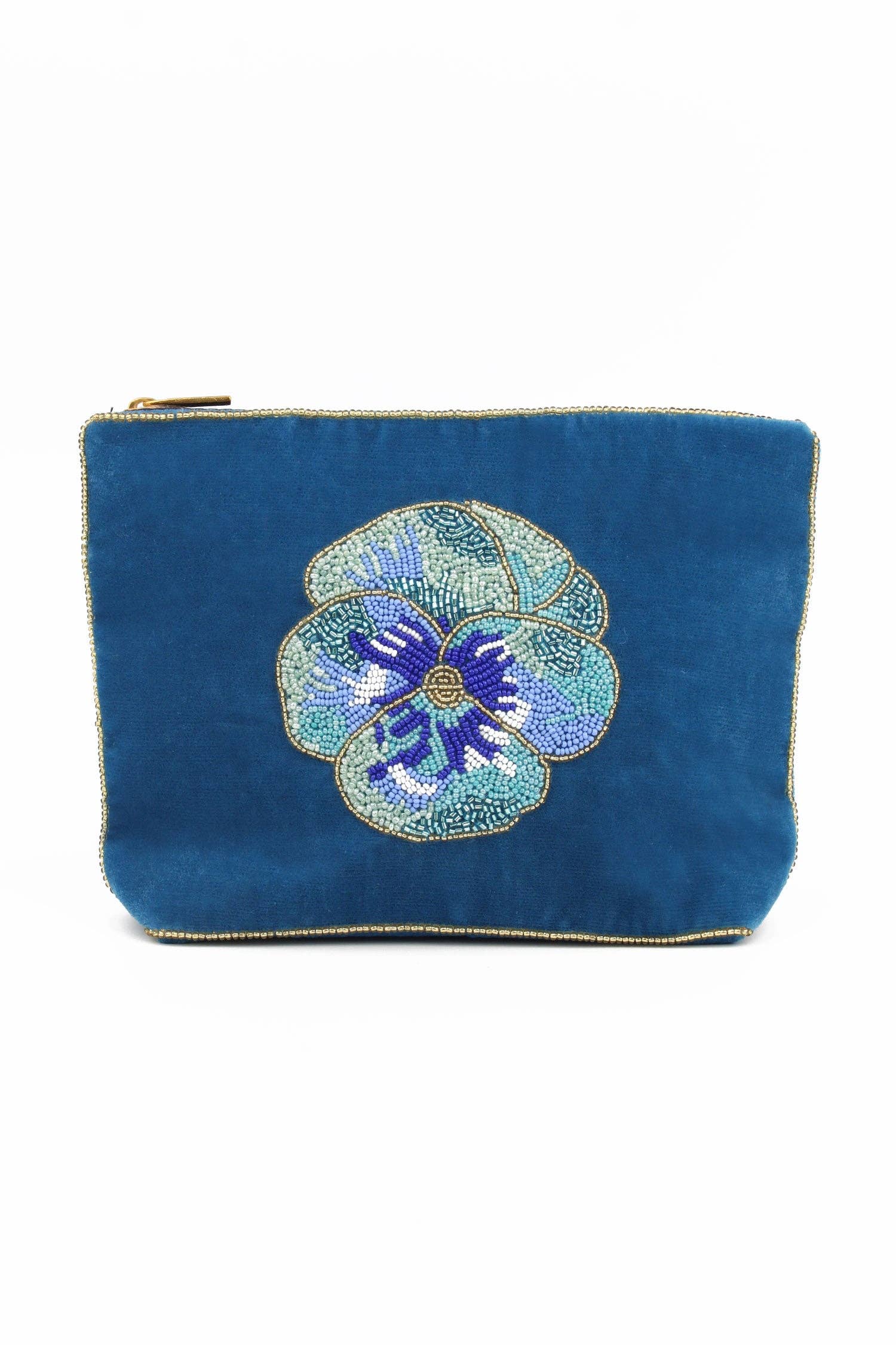 My Doris blue pansy velvet beaded embroidered pouch.