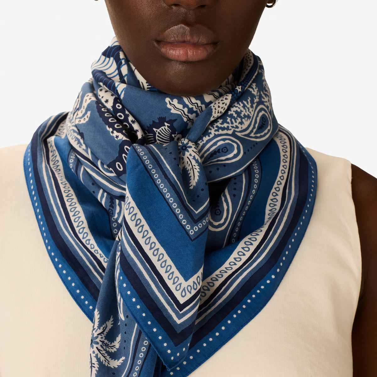 Inoui Editions fine cotton square scarf carre, Louvre map design on a blue border with intricate details