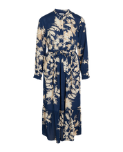 Load image into Gallery viewer, Noa Noa Philippa dress in statement floral print blue and white, button through with waist tie.