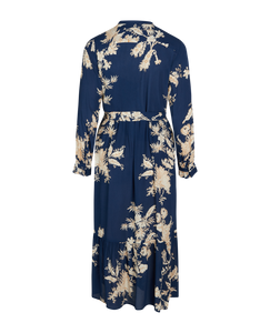 Noa Noa Philippa dress in statement floral print blue and white, button through with waist tie.