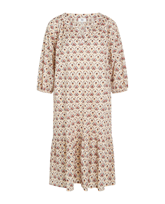 Noa Noa Lela cotton print dress with gathered neck, elbow length sleeves and hem frill.