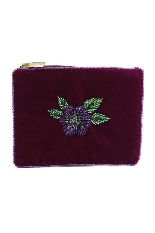 My Doris small purple velvet pouch with embroidered flower.