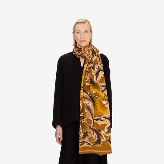 Inoui Editions Leonard arts and crafts inspired intricate floral and leaf pattern design in saffron yellow mustard.