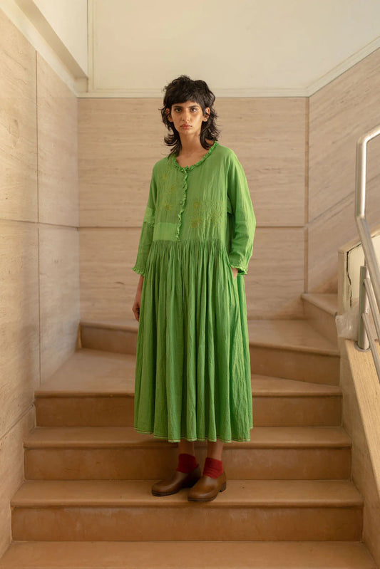 Runaway Bicycle Mara embroidered handloom cotton dress in Malachite green.
