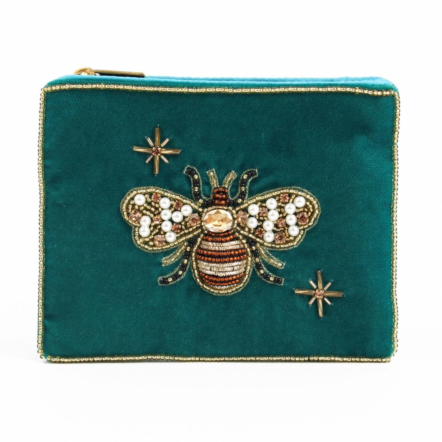 My Doris handcrafted beaded zippered pouch, golden bee on teal velvet.