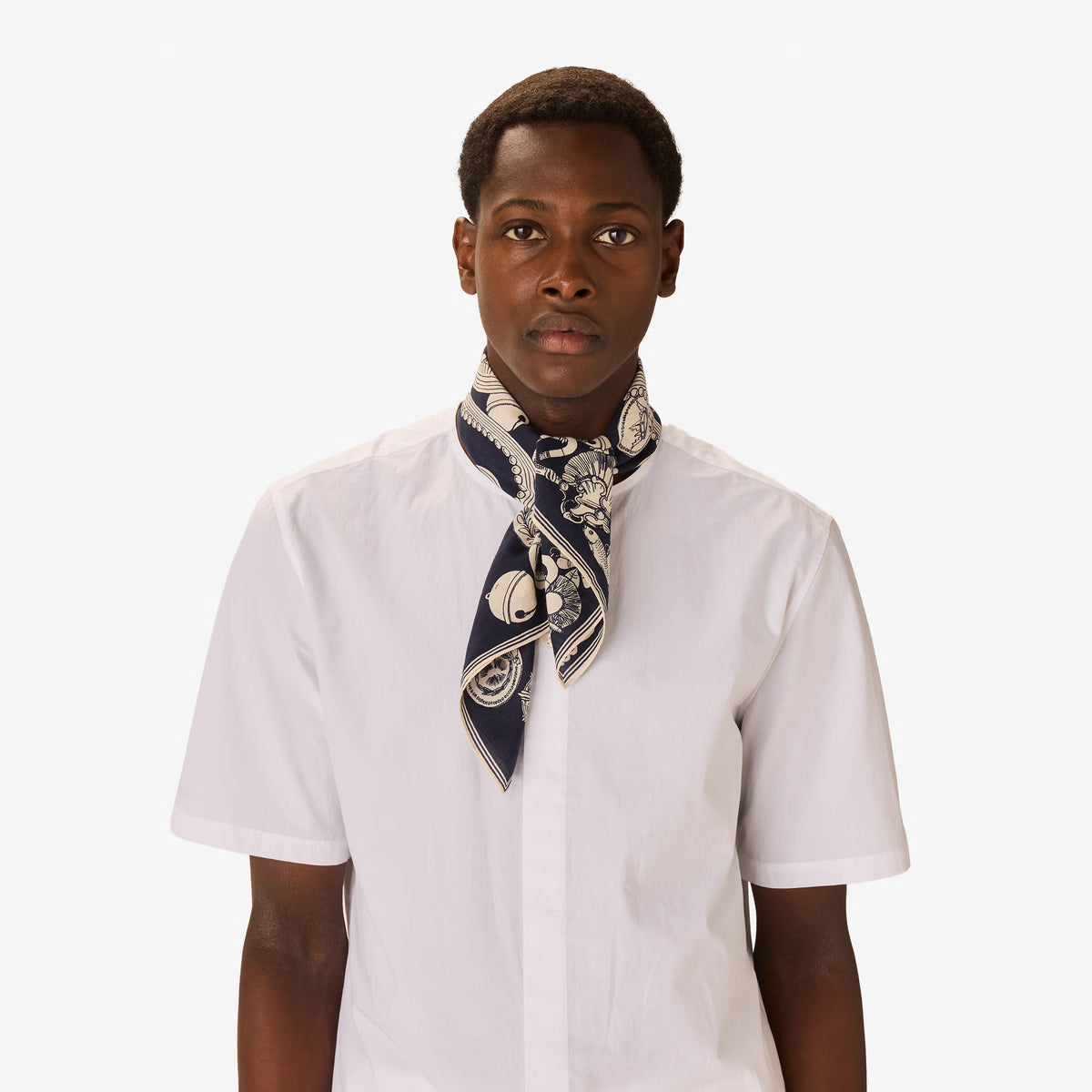 Inoui Editions cotton silk carre Octopus navy blue scarf with white octopus design and decorative elements on a white background.