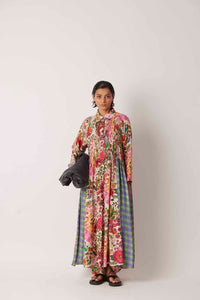 Yavi Kashmir floral and gingham long gathered shirt dress.
