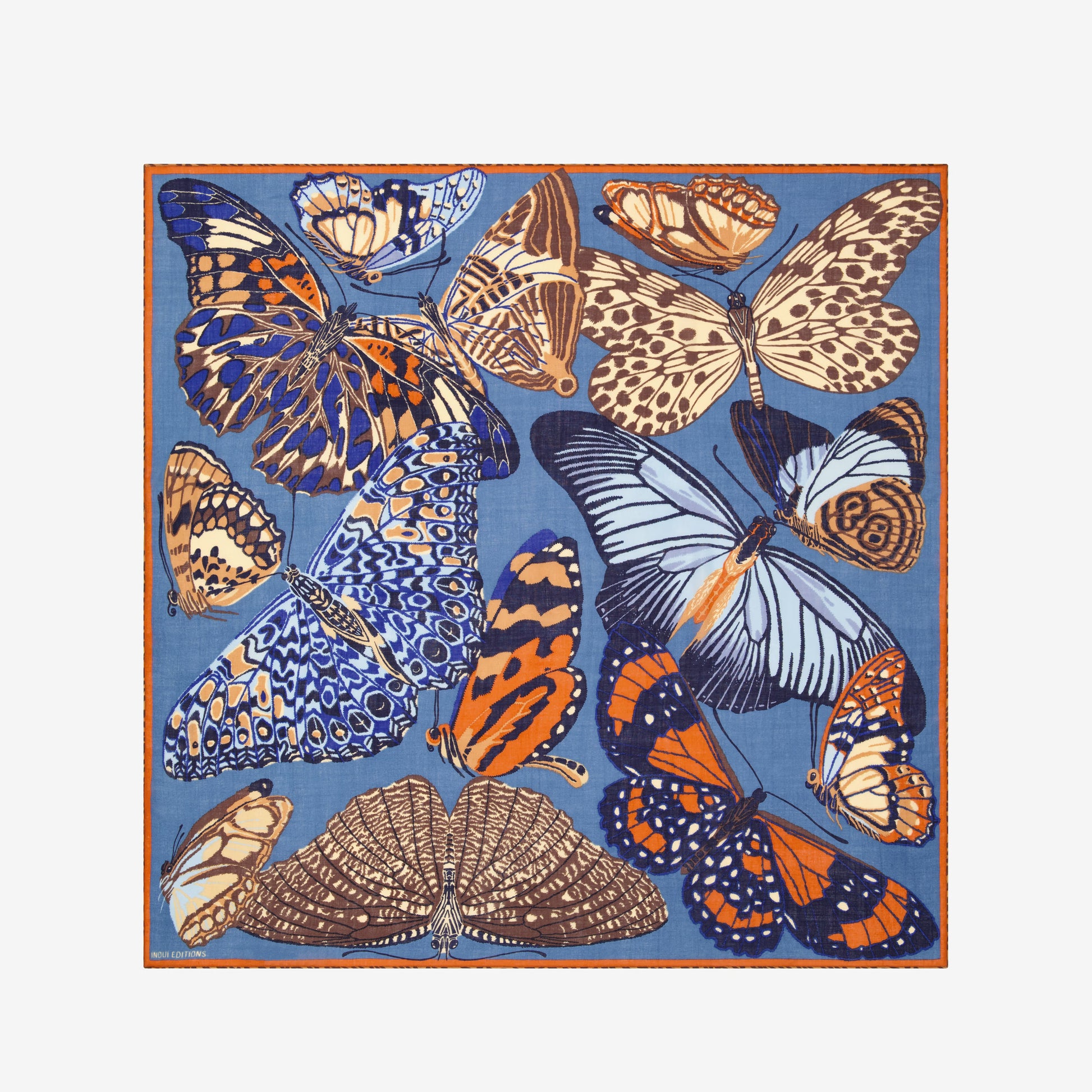 Inoui editions duck blue papillon butterfly square scarf carre in pure wool