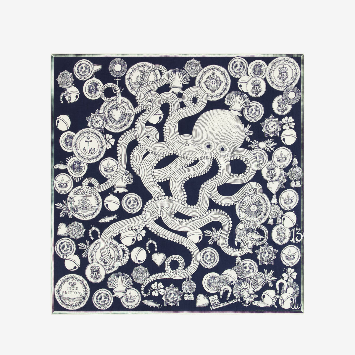 Inoui Editions cotton silk carre Octopus navy blue scarf with white octopus design and decorative elements on a white background.