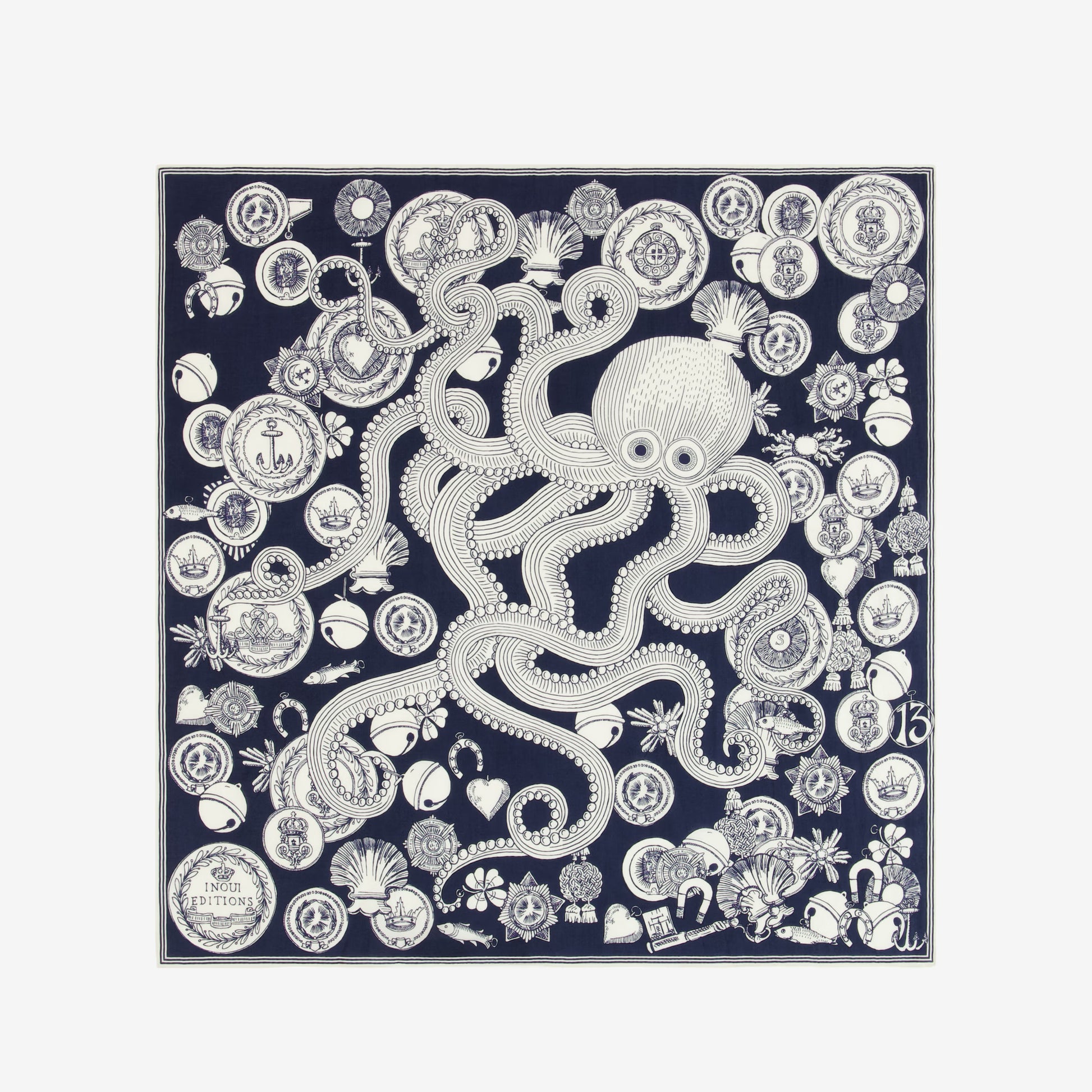 Inoui Editions cotton silk carre Octopus navy blue scarf with white octopus design and decorative elements on a white background.