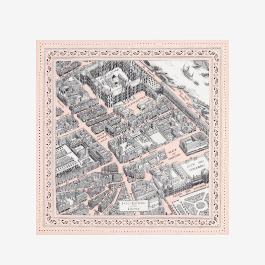 Inoui Editions fine cotton square scarf carre, Louvre map design on a pink border with intricate details