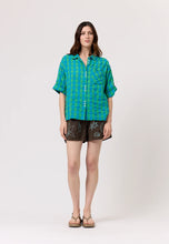 Load image into Gallery viewer, Nancybird blue and green verdant check seersucker Yaya button up short sleeve shirt.