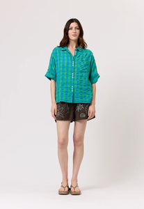 Nancybird blue and green verdant check seersucker Yaya button up short sleeve shirt.