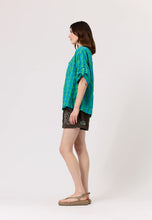 Load image into Gallery viewer, Nancybird blue and green verdant check seersucker Yaya button up short sleeve shirt.