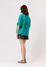 Load image into Gallery viewer, Nancybird blue and green verdant check seersucker Yaya button up short sleeve shirt.