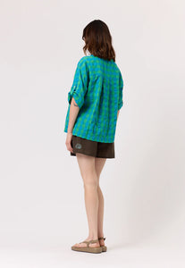 Nancybird blue and green verdant check seersucker Yaya button up short sleeve shirt.