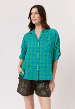 Load image into Gallery viewer, Nancybird blue and green verdant check seersucker Yaya button up short sleeve shirt.