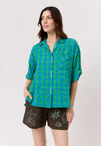 Nancybird blue and green verdant check seersucker Yaya button up short sleeve shirt.