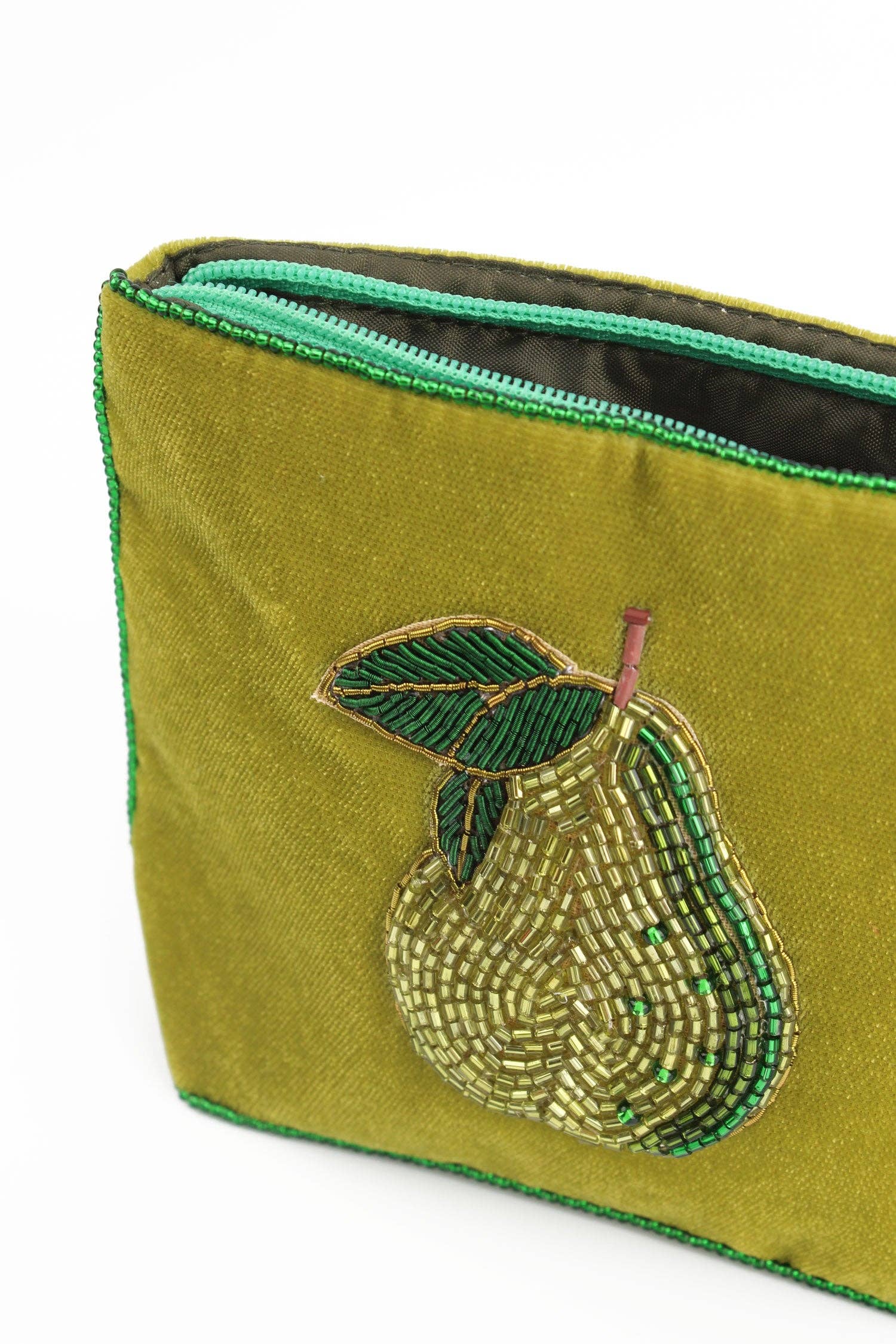 My Doris handbeaded green pear on green velvet zippered pouch.