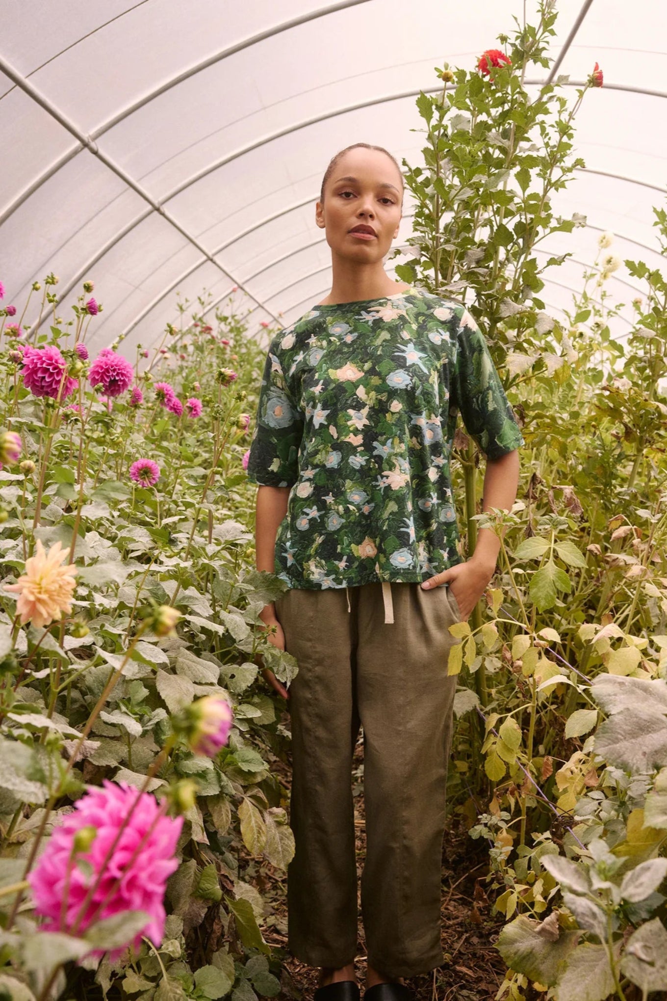 Nancybird soft cotton elastic waist Sol pant in khaki agave.