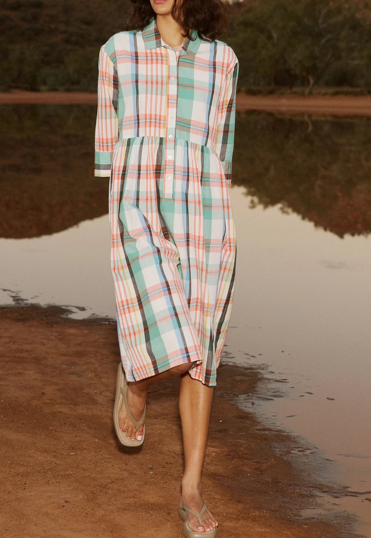 Nancybird multicolour summer check handloom cotton Mel shirt dress.