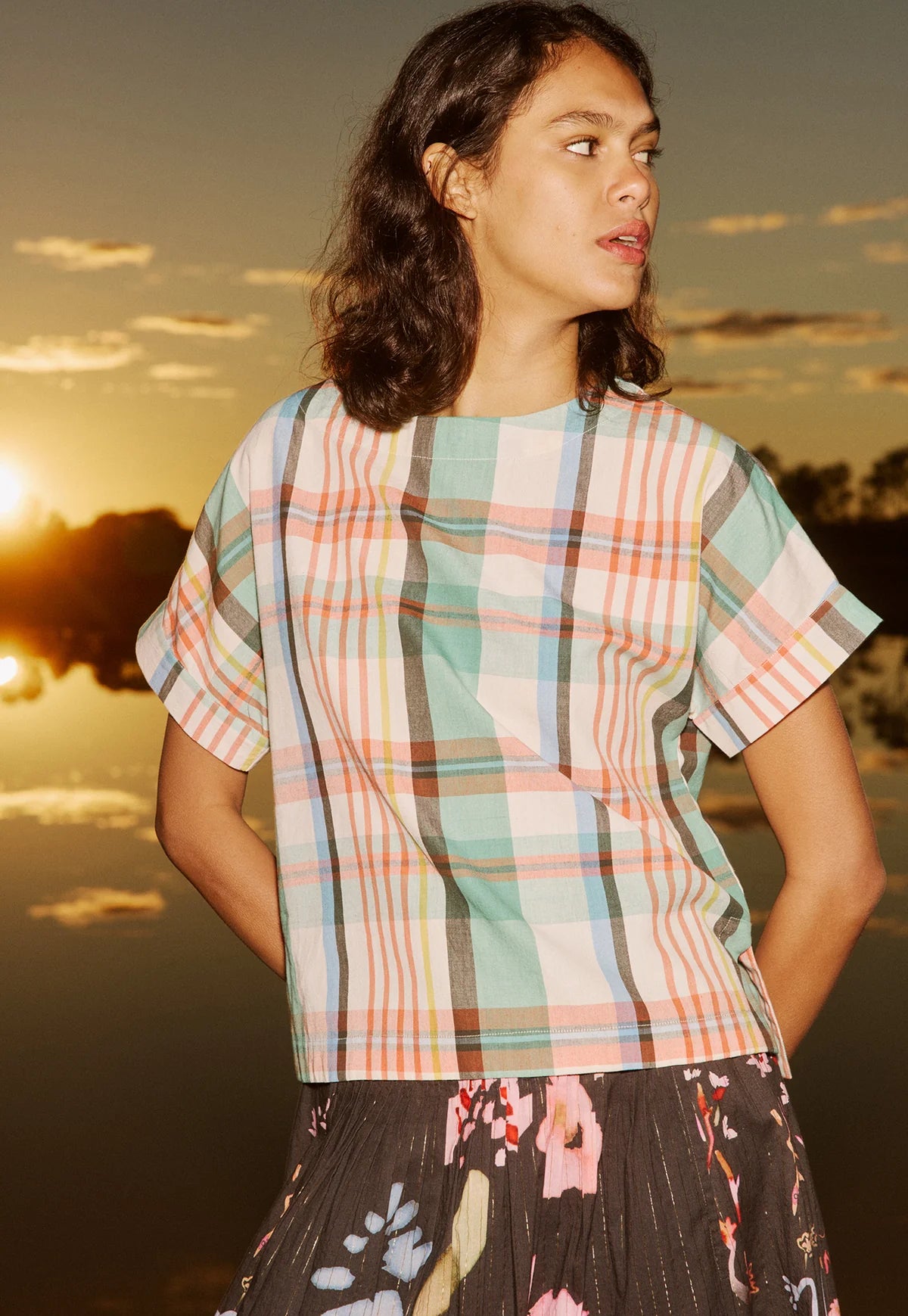 Nancybird cotton Dolman top in summer check.