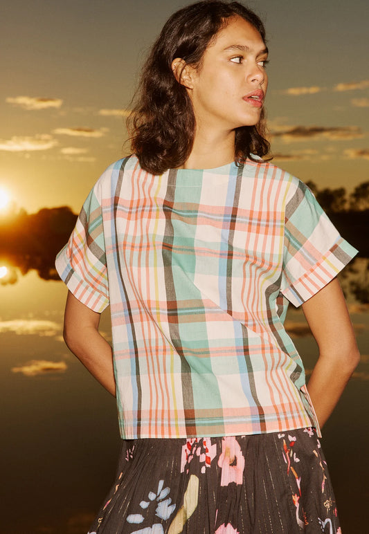 Nancybird cotton Dolman top in summer check.