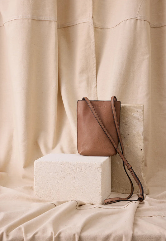 Nancybird Louanne pouch in vegetable tanned leather cross body stone brown.