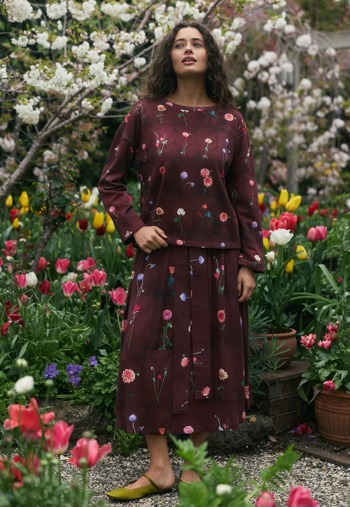 Nancybird Porcelain tile gathered waist skirt in Emily Wright floral print.