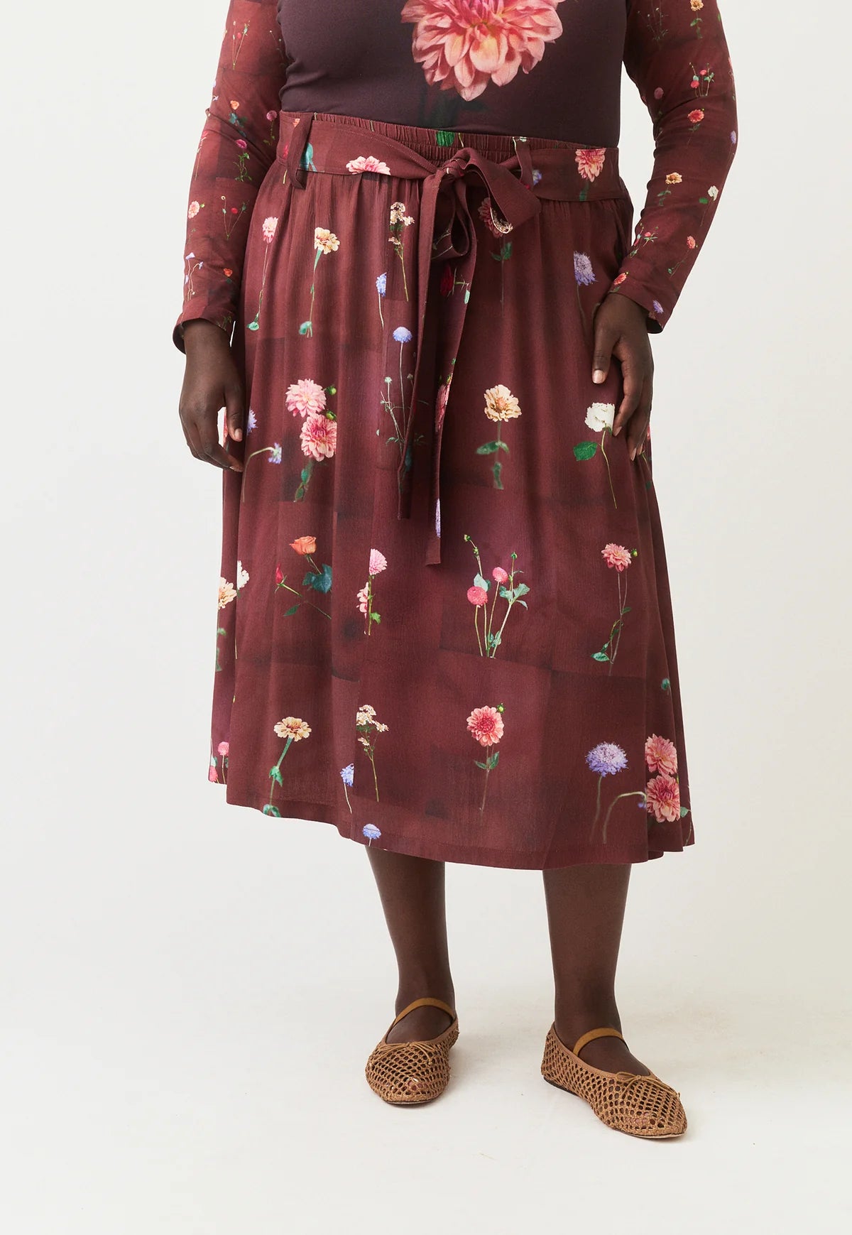 Nancybird Porcelain tile gathered waist skirt in Emily Wright floral print.