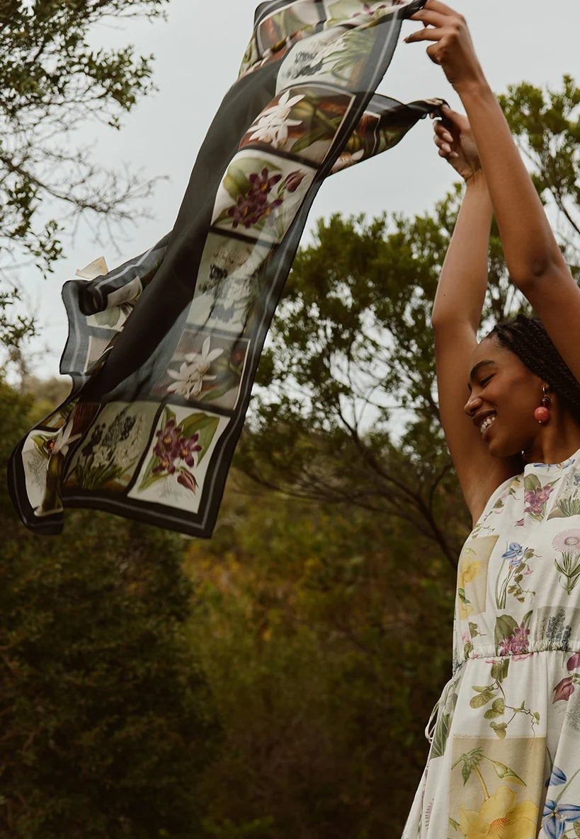 Nancybird charcoal archive floral print square silk scarf.