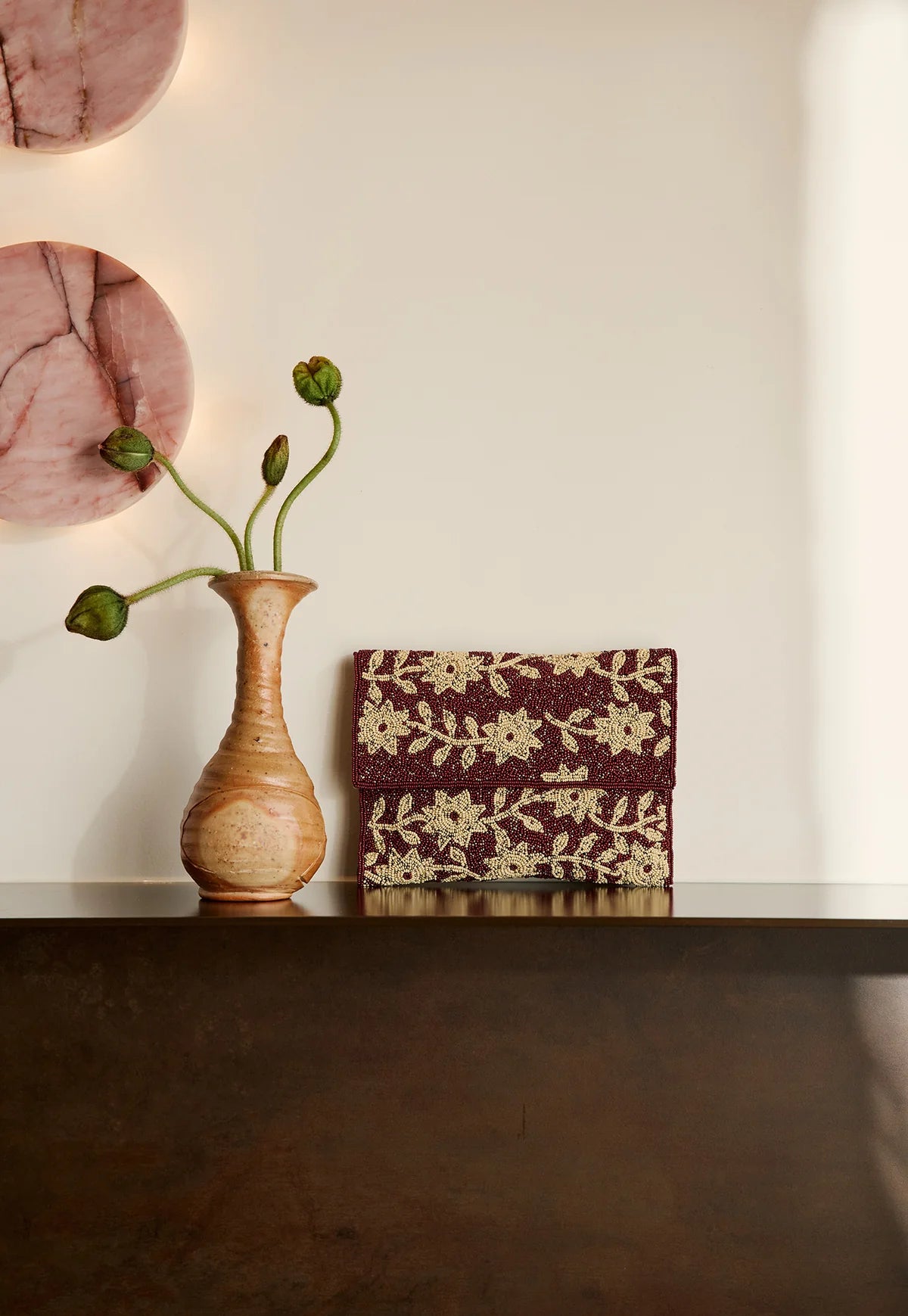 Nancybird hand beaded fold clutch cream flowers om brown base.