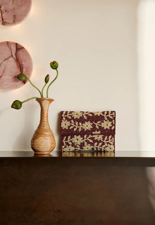 Nancybird hand beaded fold clutch cream flowers om brown base.