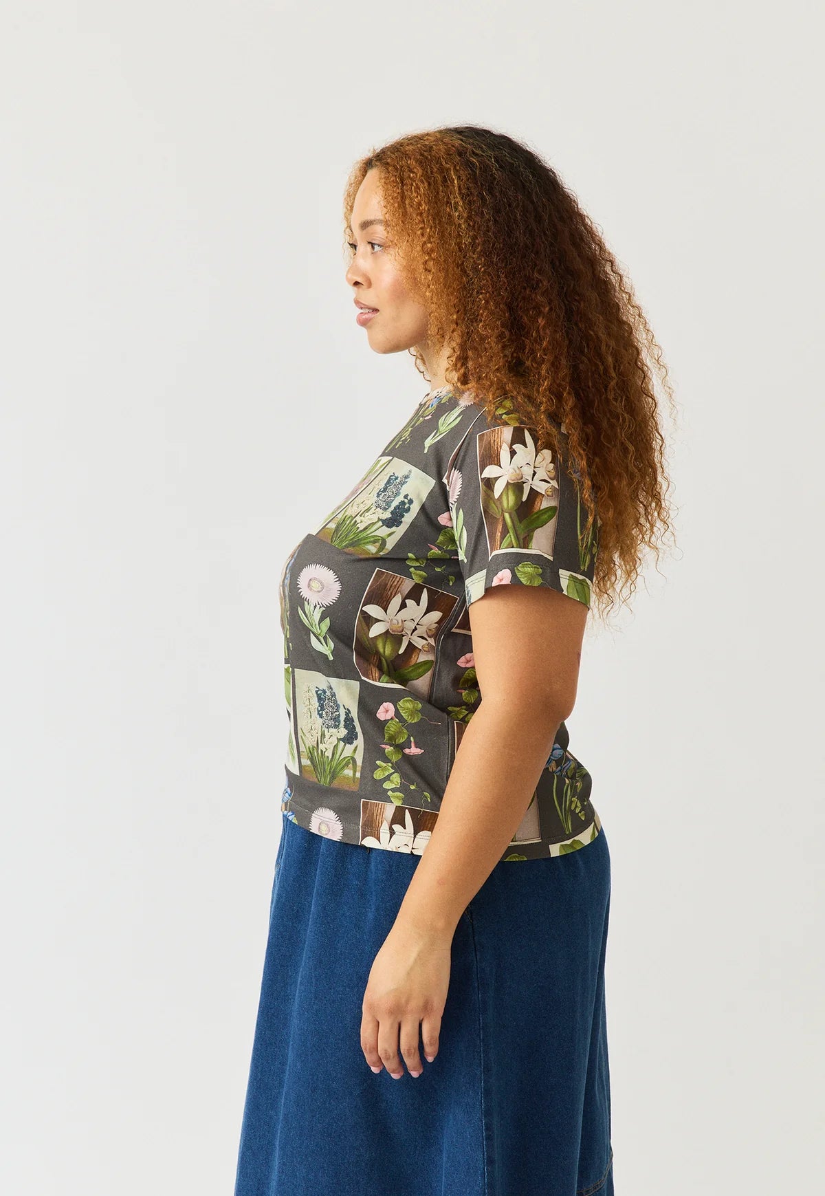 Nancybird organic cotton tshirt Apollo in charcoal archive floral print.