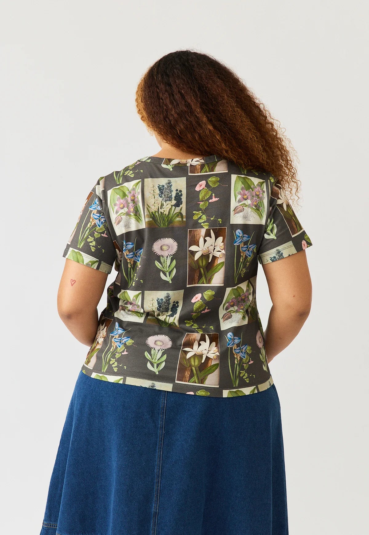 Nancybird organic cotton tshirt Apollo in charcoal archive floral print.