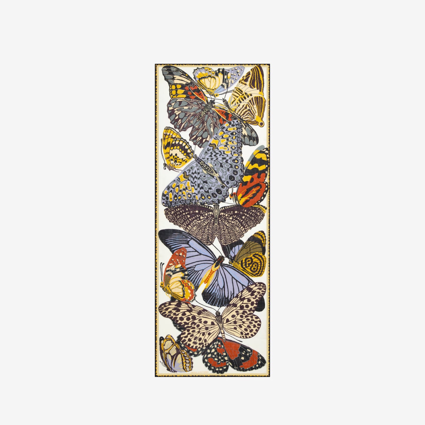Inoui Editions fine wool scarf Papillons featuring colorful butterfly illustrations on a white background.