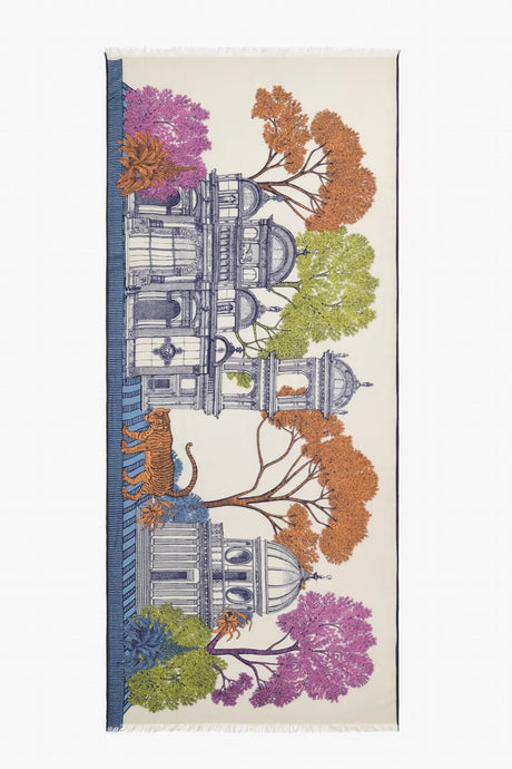 Inoui Editions fine wool scarf Mirage fantastical architectural landscape in multicolours.