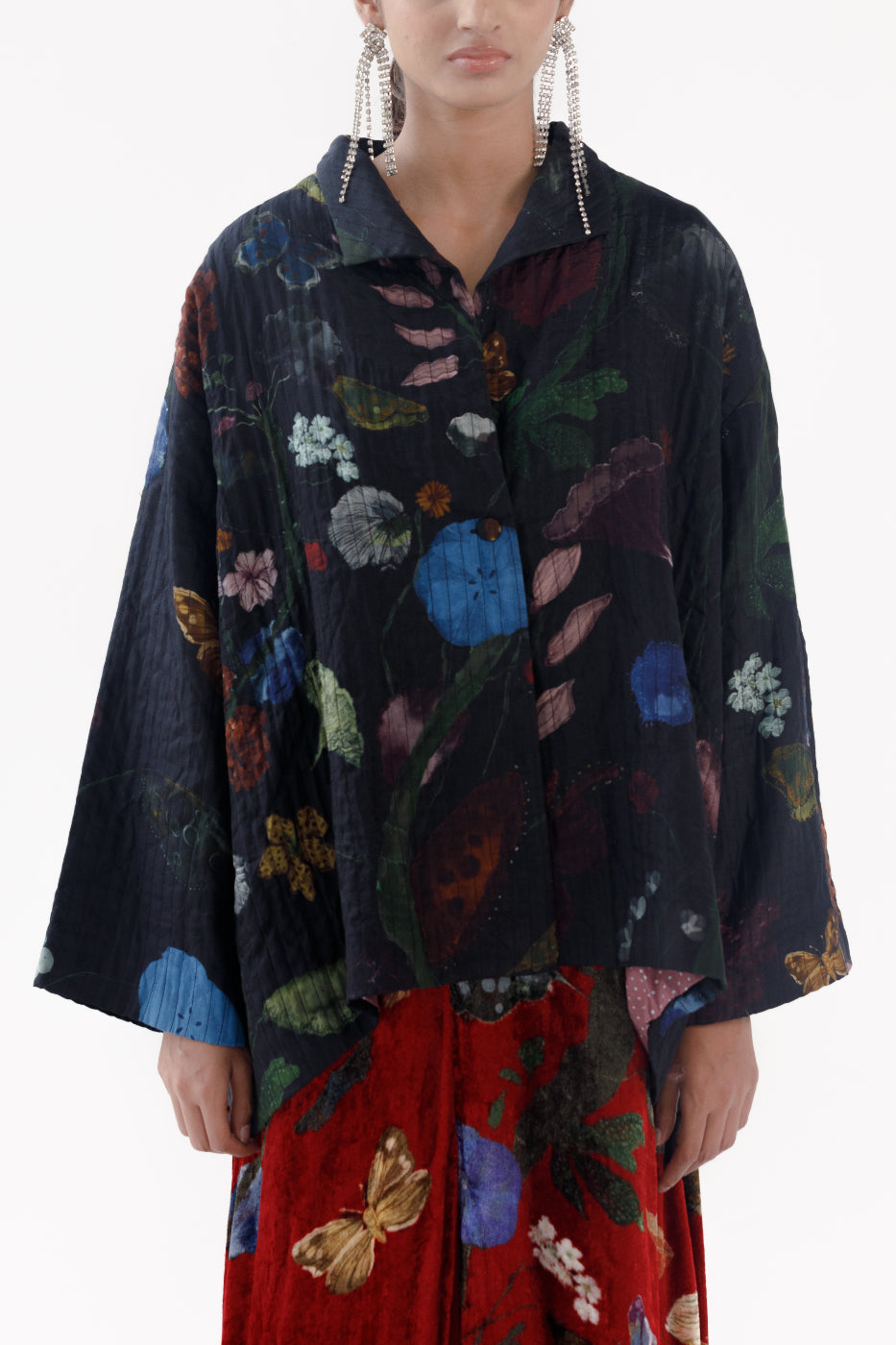 Yavi quilted silk jacket in Vine garden print on ink black, pink block print silk lining.