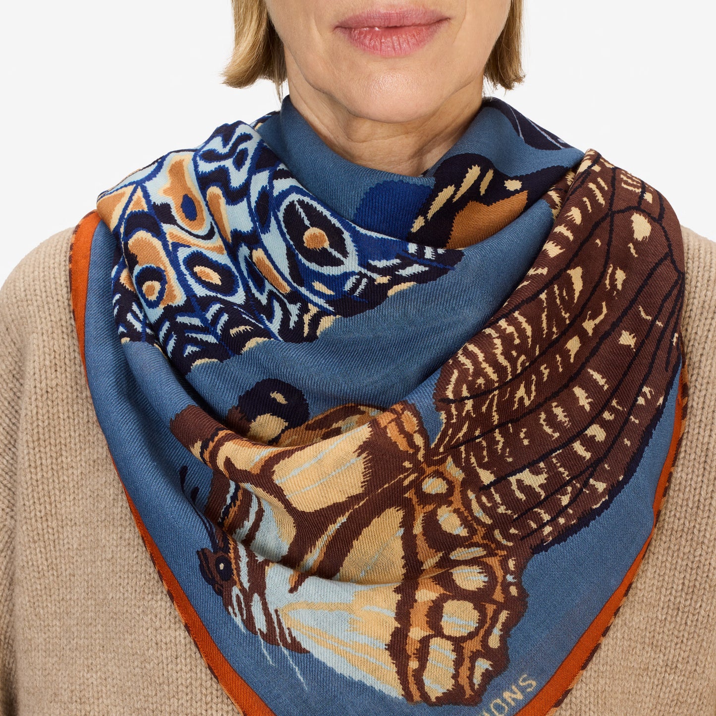 Inoui editions duck blue papillon butterfly square scarf carre in pure wool