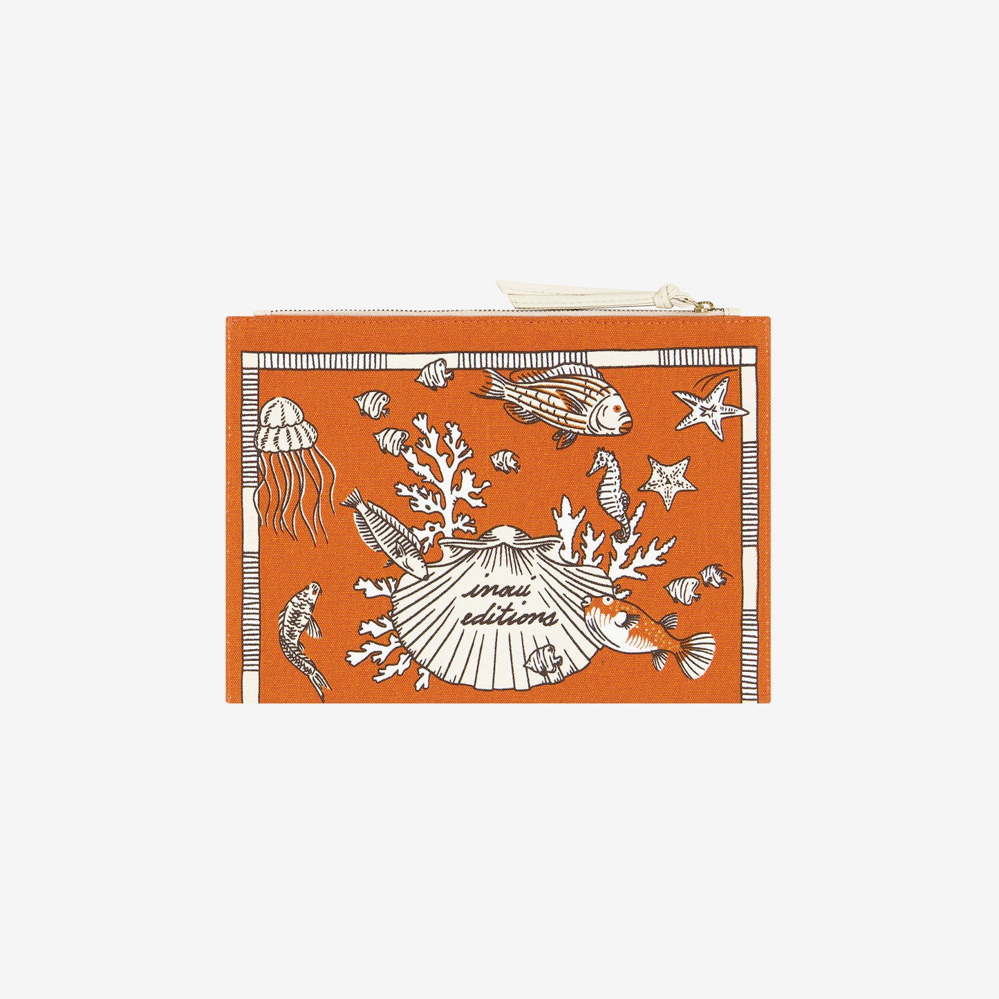 Inoui Editions cotton canvas Atlast pouch with ocean-themed design on an orange background.
