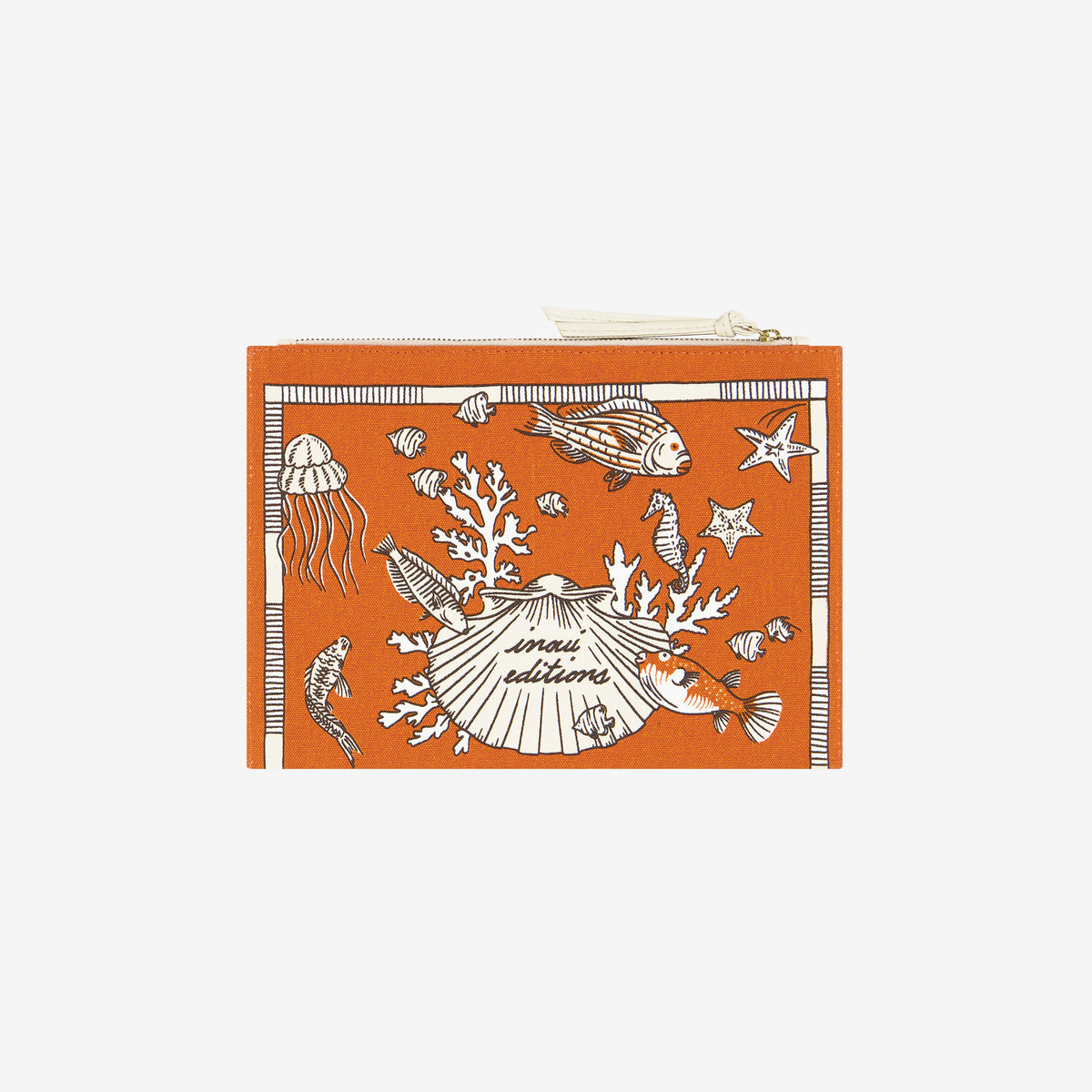 Inoui Editions cotton canvas Atlast pouch with ocean-themed design on an orange background.